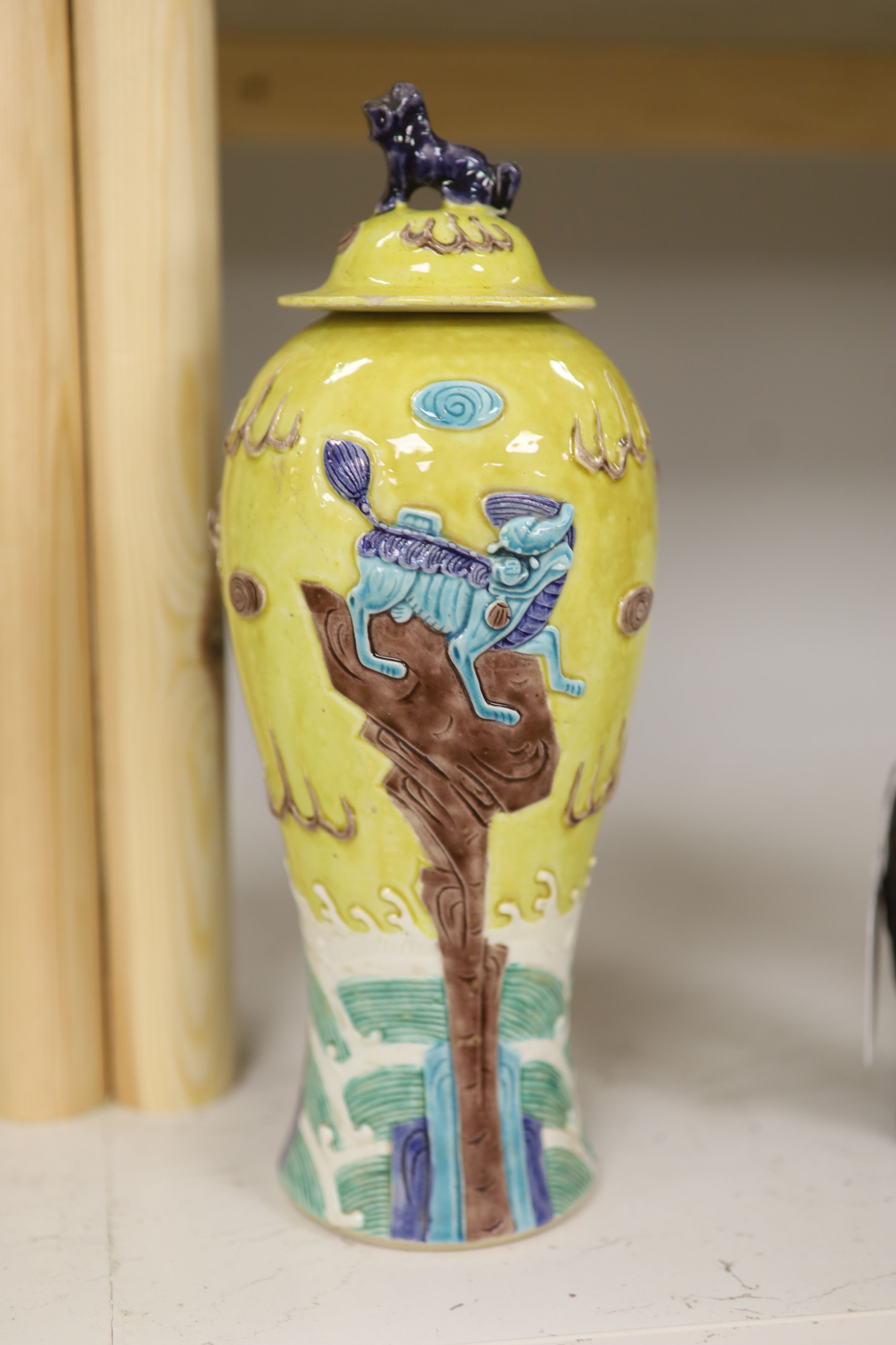 A Chinese polychrome glazed vase, Wang Bingrong seal mark, height 29cm, neck reduced